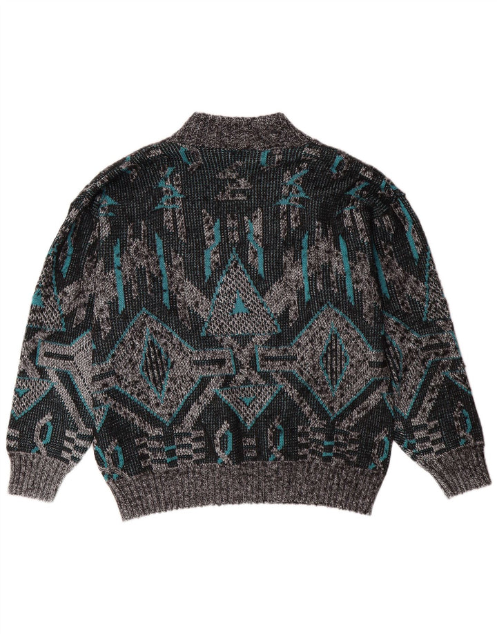 Suéter masculino VINTAGE com decote em V grande cinza geométrico