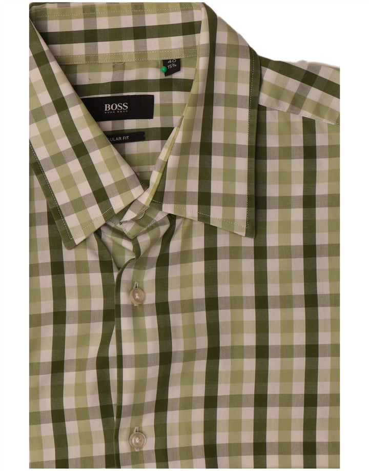 Camisa masculina de manga curta Hugo Boss tamanho 40 15 3/4 verde médio guingão
