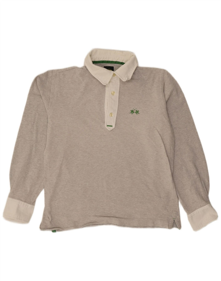 Camisa polo masculina de rugby de manga comprida LA MARTINA pequena cinza manchada de algodão