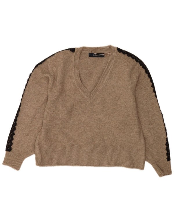 Zara Suéter feminino oversized com decote em V Reino Unido 10 pequeno acrílico bege