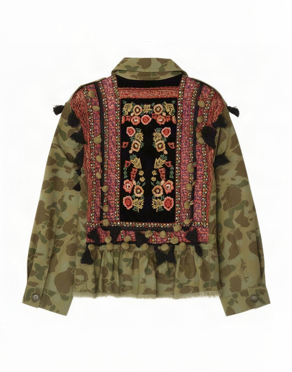 Jaqueta militar gráfica feminina Zara Reino Unido 10 pequeno algodão camuflado cáqui