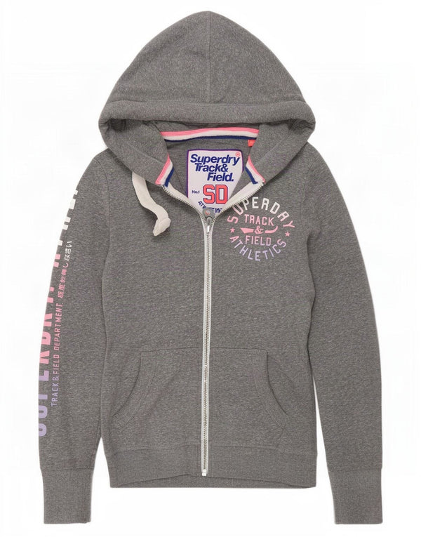 Suéter feminino Superdry com capuz e zíper gráfico UK 10 pequeno cinza manchado