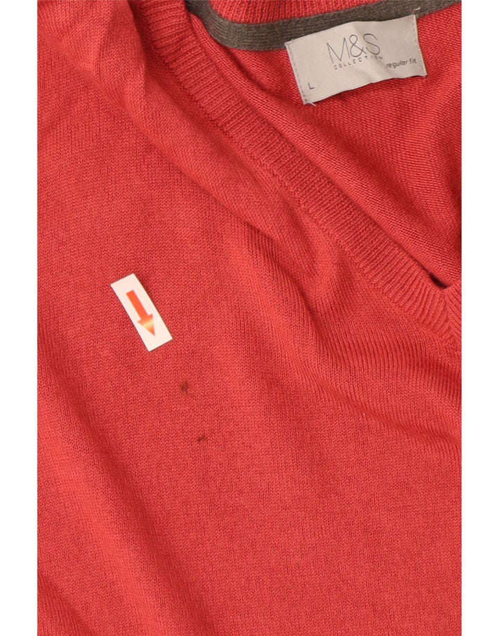 Suéter masculino Marks & Spencer com ajuste regular e decote em V, grande acrílico vermelho