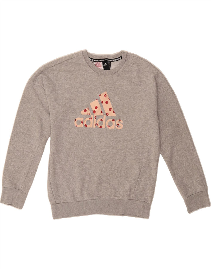 ADIDAS Girls Graphic Sweatshirt Jumper 11-12 Years Grey Cotton Vintage Adidas and Second-Hand Adidas from Messina Hembry 