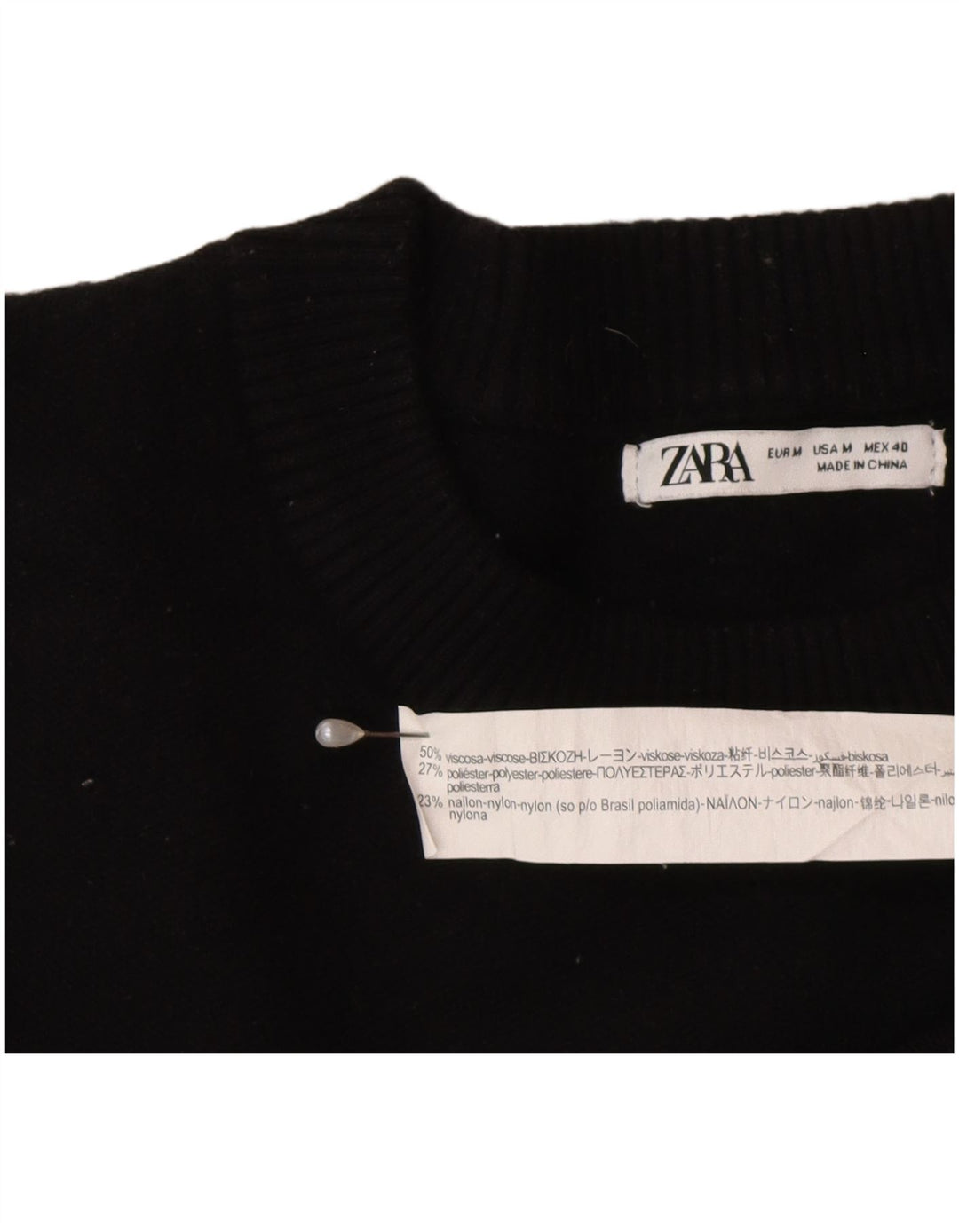 Suéter feminino Zara com gola redonda, Reino Unido 14, viscose preta média