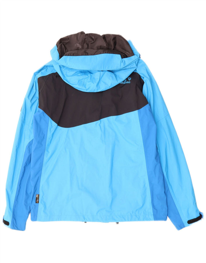 Jaqueta de chuva masculina com capuz Jack Wolfskin Reino Unido 34 bloco colorido azul pequeno