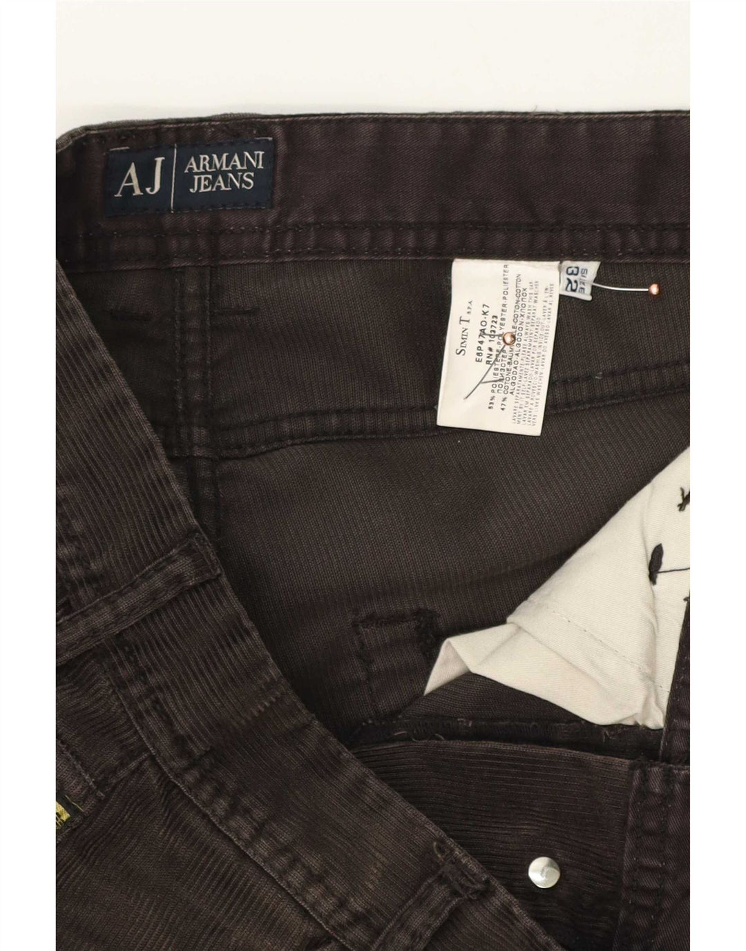Calça masculina de veludo cotelê Armani W32 L34 marrom poliéster