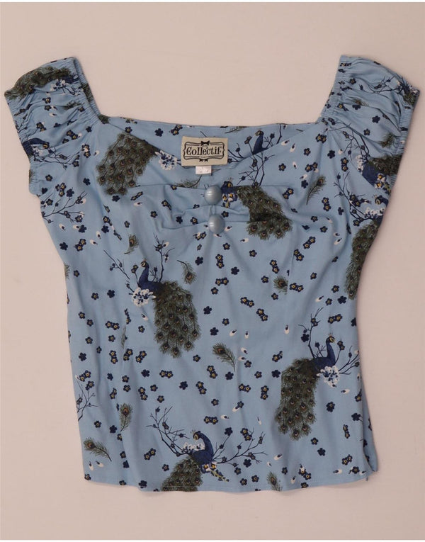 Blusa feminina Collectif UK 14 algodão azul médio com estampa animal