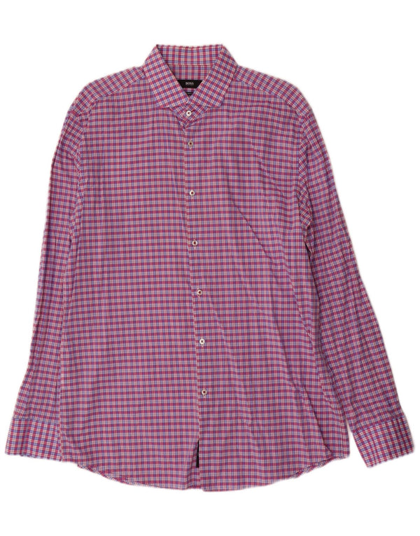 Camisa masculina Hugo Boss Slim Fit tamanho 43 17 XL algodão xadrez roxo
