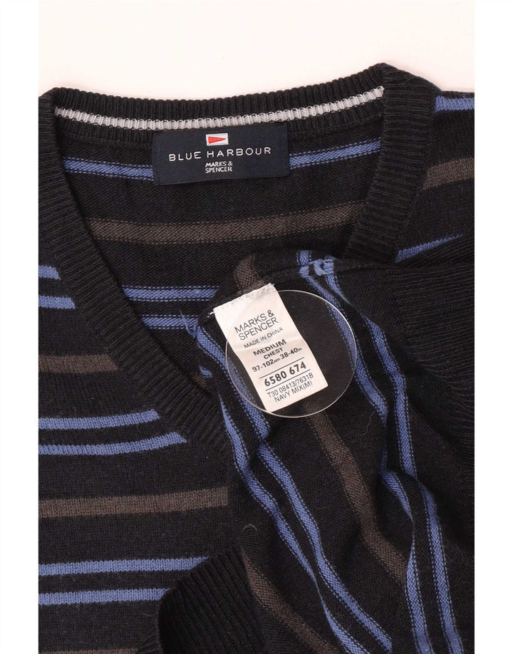Suéter masculino Marks & Spencer com decote em V médio listrado azul marinho acrílico