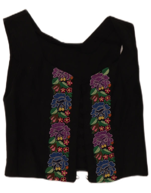 Top de cardigã feminino vintage sem mangas UK 8 pequeno floral preto