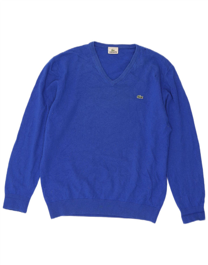 Suéter masculino Lacoste com decote em V tamanho 6 XL lã virgem azul