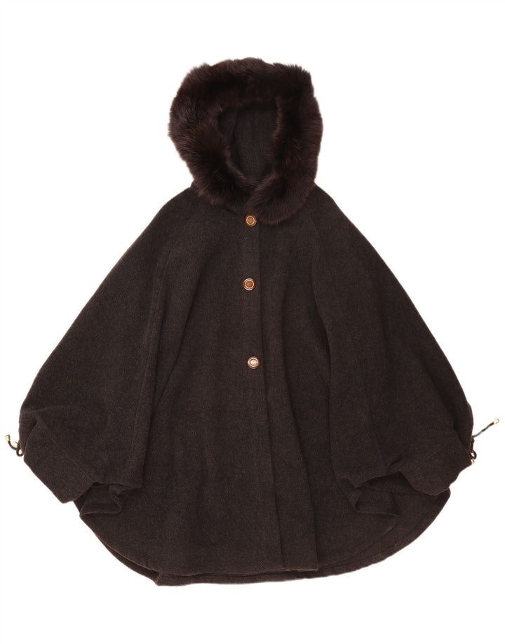Casaco feminino vintage com capuz, tamanho único, lã cinza