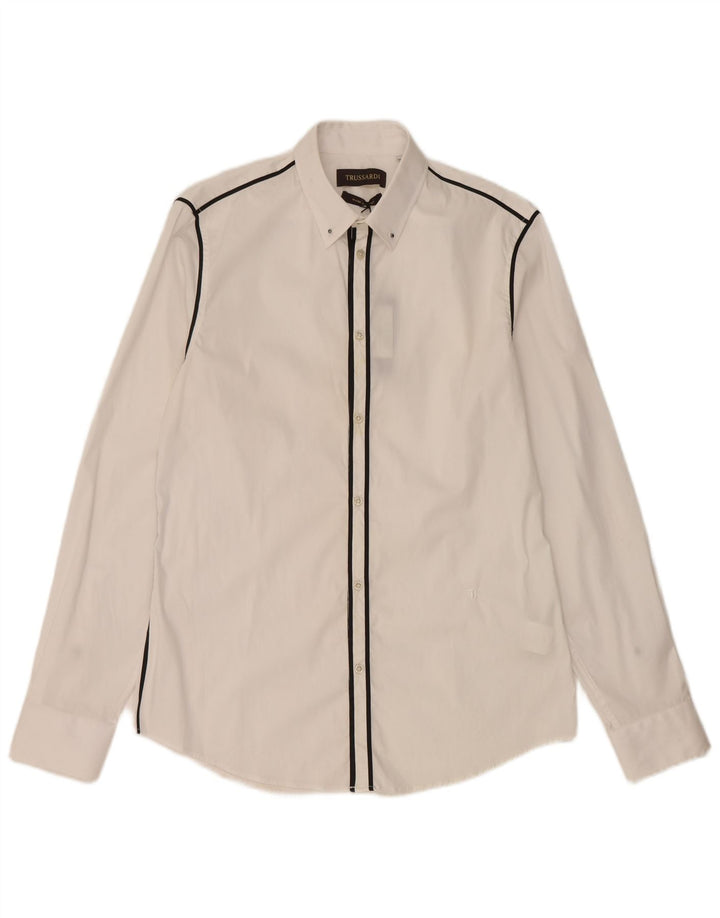 Camisa masculina Trussardi tamanho 40 algodão listrado branco médio
