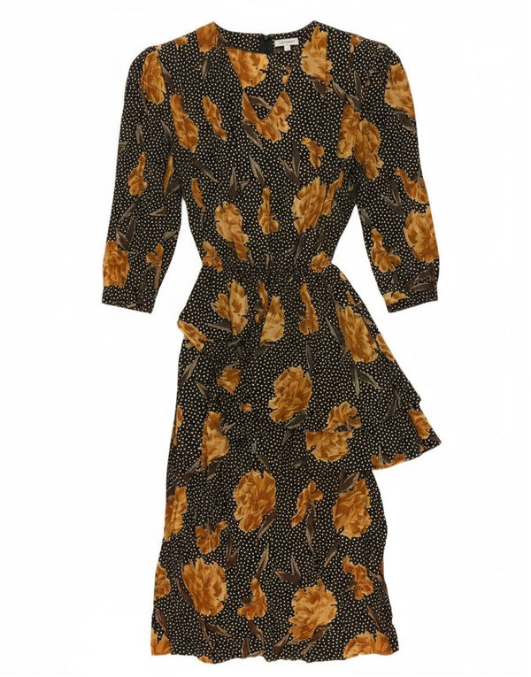 Vestido maxi feminino vintage manga 3/4 Reino Unido 16 grande acetato floral preto