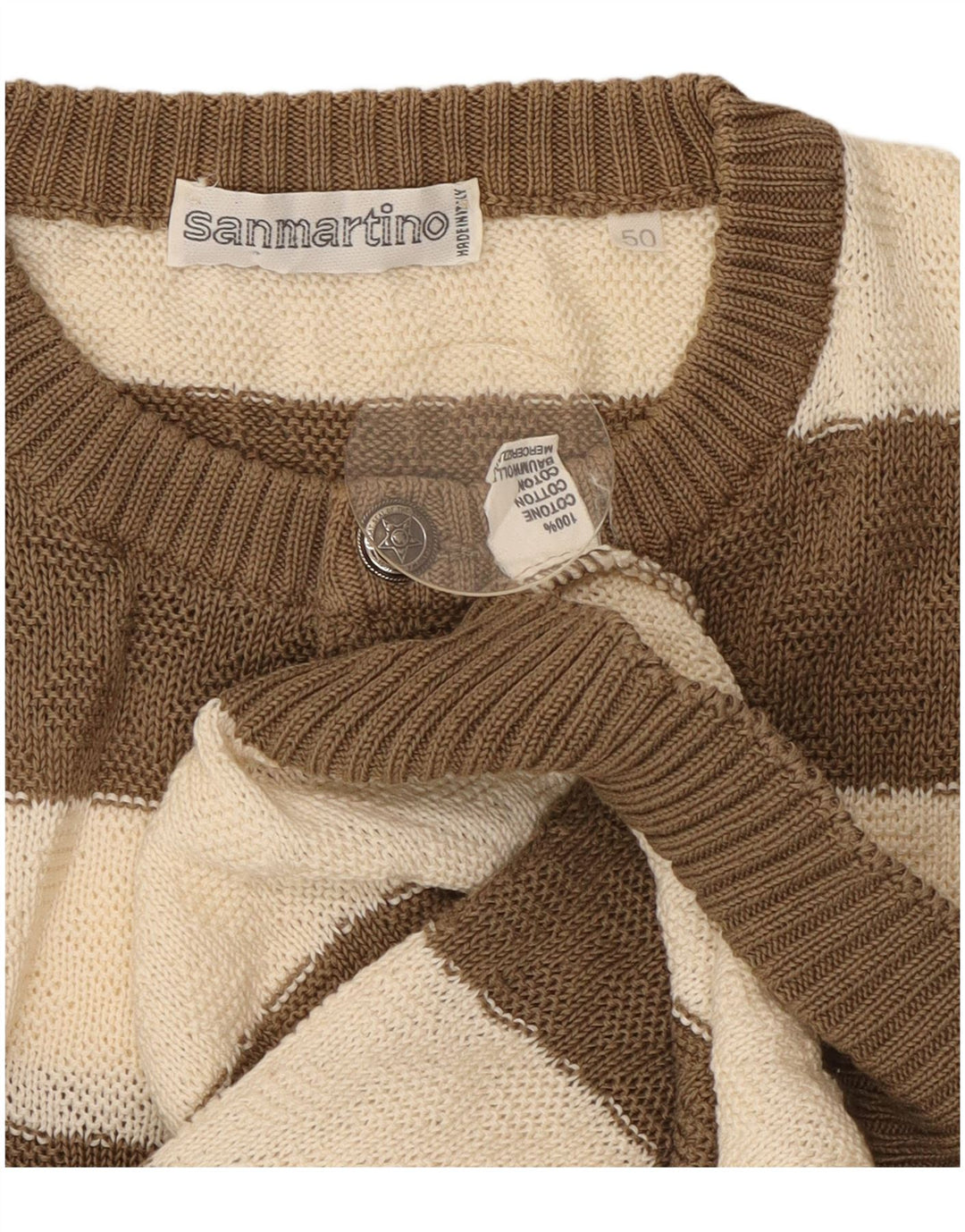 Suéter feminino vintage com gola e botão IT 50 algodão listrado marrom médio
