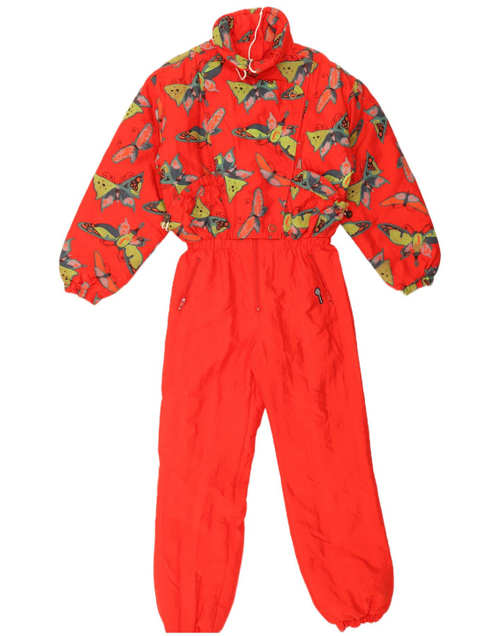 Macacão de esqui feminino vintage com padrão abstrato Reino Unido 14 borboleta vermelha média
