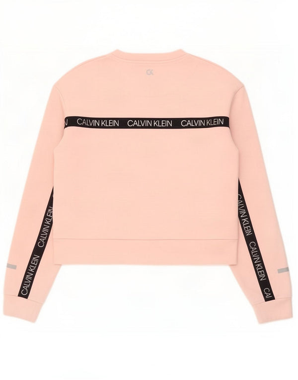 Calvin Klein moletom gráfico feminino jumper UK 10 pequeno bloco colorido rosa
