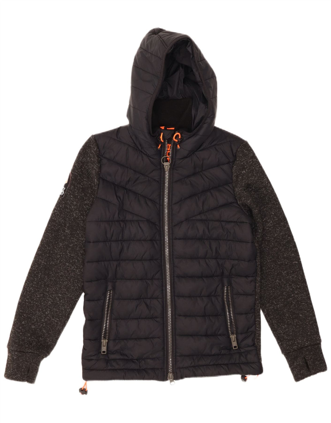 Jaqueta masculina acolchoada com capuz SUPERDRY UK 38 médio preto colorblock nylon