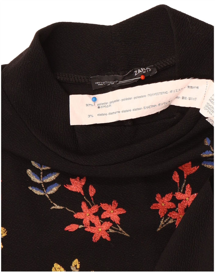 Vestido feminino Zara manga comprida, tamanho UK 10, pequeno, preto, floral, poliéster