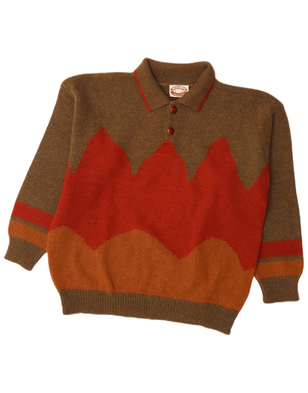 Suéter masculino vintage com gola polo, grande, marrom, colorblock, lã de alpaca