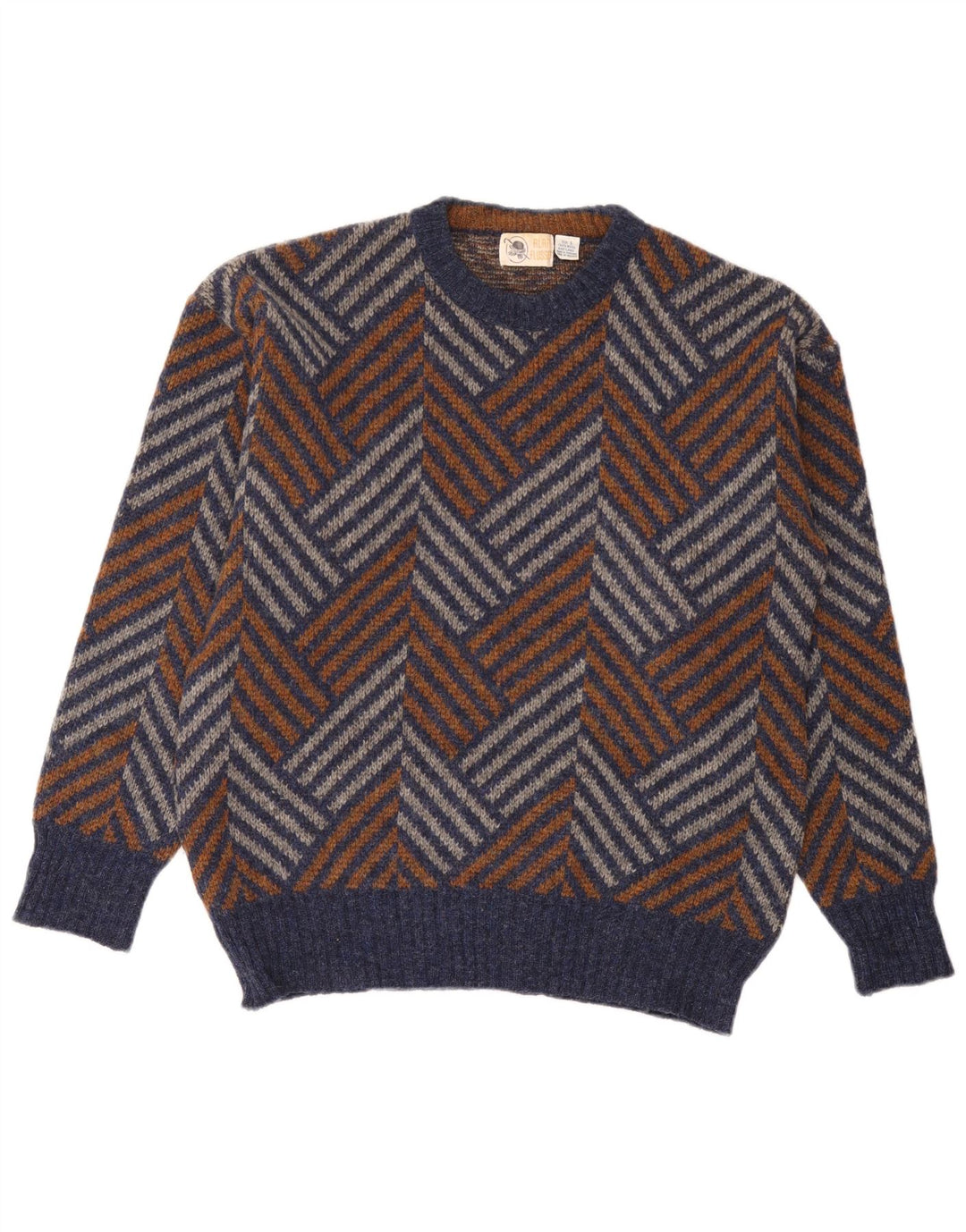 Suéter vintage masculino com gola redonda, grande lã Chevron multicolorida