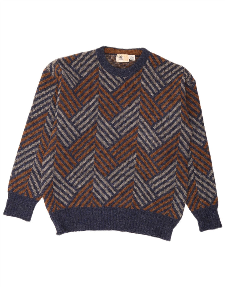 Suéter vintage masculino com gola redonda, grande lã Chevron multicolorida