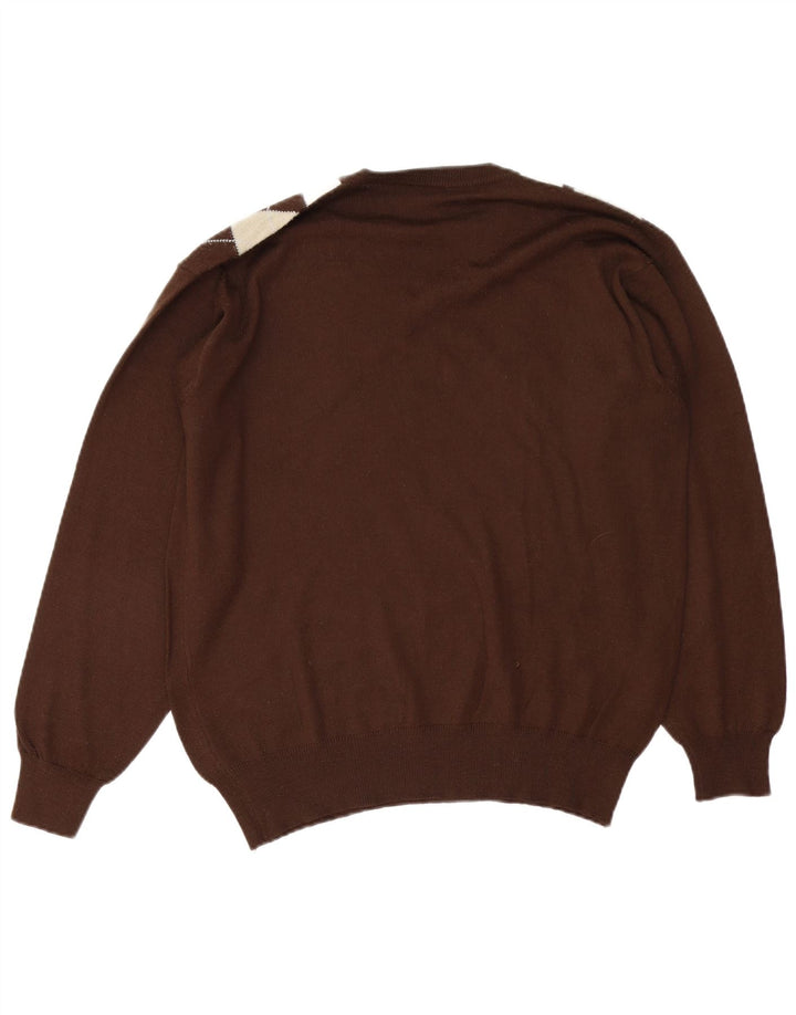 VINTAGE Mens V-Neck Jumper Sweater Large Brown Argyle/Diamond