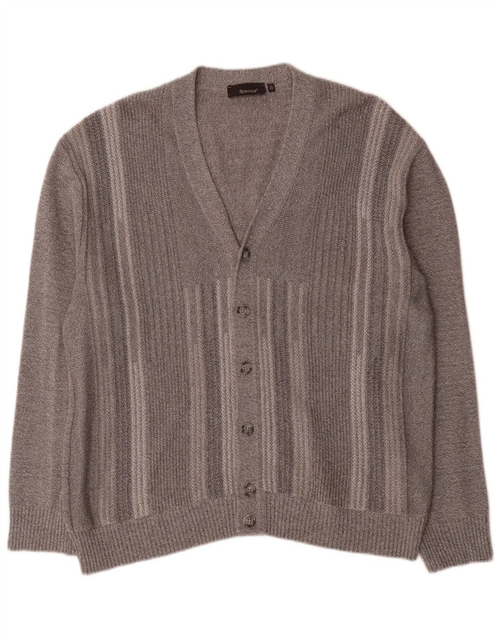 Senador Mens Cardigan Sweater IT 52 Grande Algodão Listrado Cinza