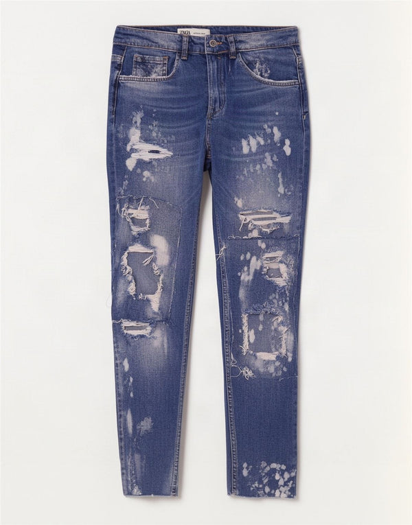 Zara Mens Crop Distressed Skinny Jeans EU 40 Médio W31 L26 Azul Algodão