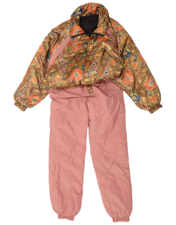 Macacão de esqui feminino vintage UK 14 poliéster floral rosa médio