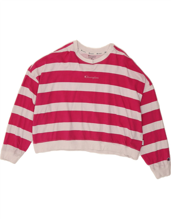 CHAMPION Womens Oversized Sweatshirt Jumper UK 18 XL Pink Striped Cotton Vintage Champion and Second-Hand Champion from Messina Hembry 