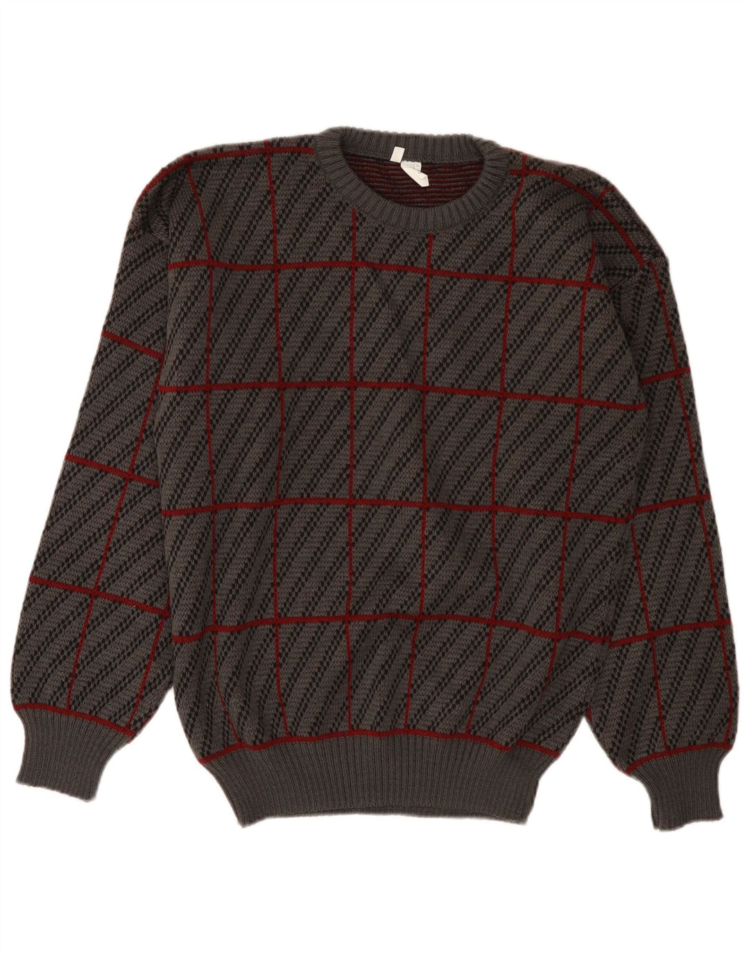 Suéter vintage masculino com gola redonda IT 50 acrílico xadrez cinza médio
