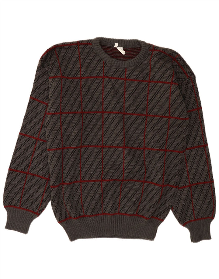 Suéter vintage masculino com gola redonda IT 50 acrílico xadrez cinza médio