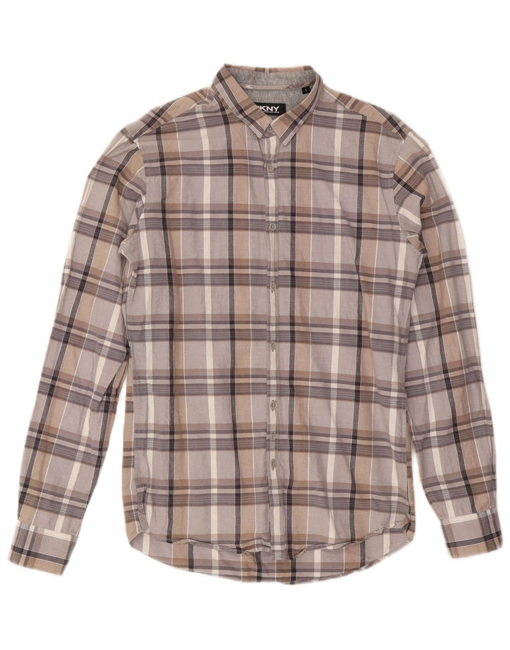 Camisa masculina Dkny pequena xadrez cinza algodão