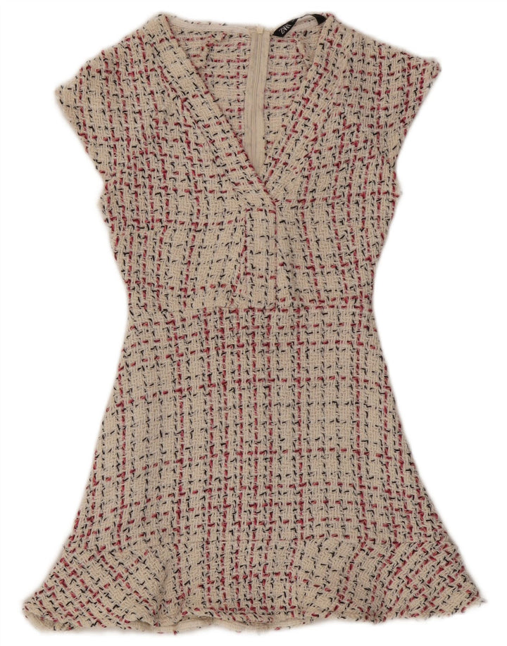 Vestido feminino Zara A-Line UK 8 pequeno xadrez bege