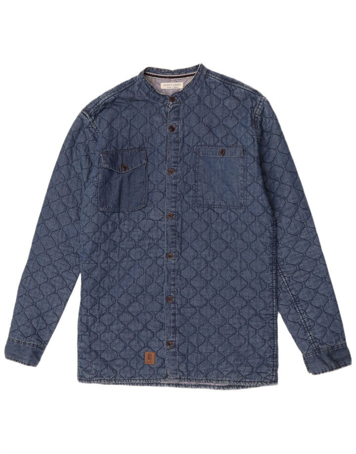 Camisa jeans acolchoada masculina vintage algodão azul médio