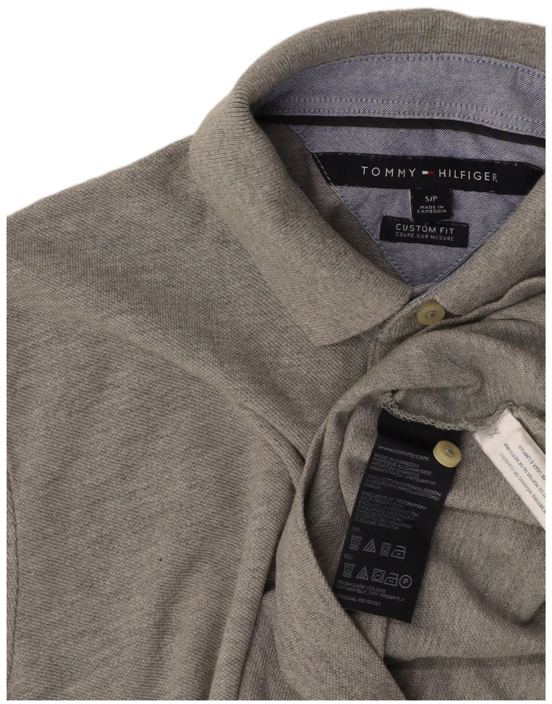 Camisa polo masculina TOMMY HILFIGER Custom Fit pequena algodão cinza