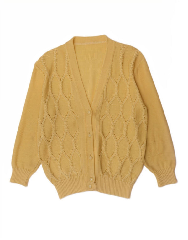 Suéter cardigã feminino vintage UK 14 Argyle amarelo médio/acrílico diamante