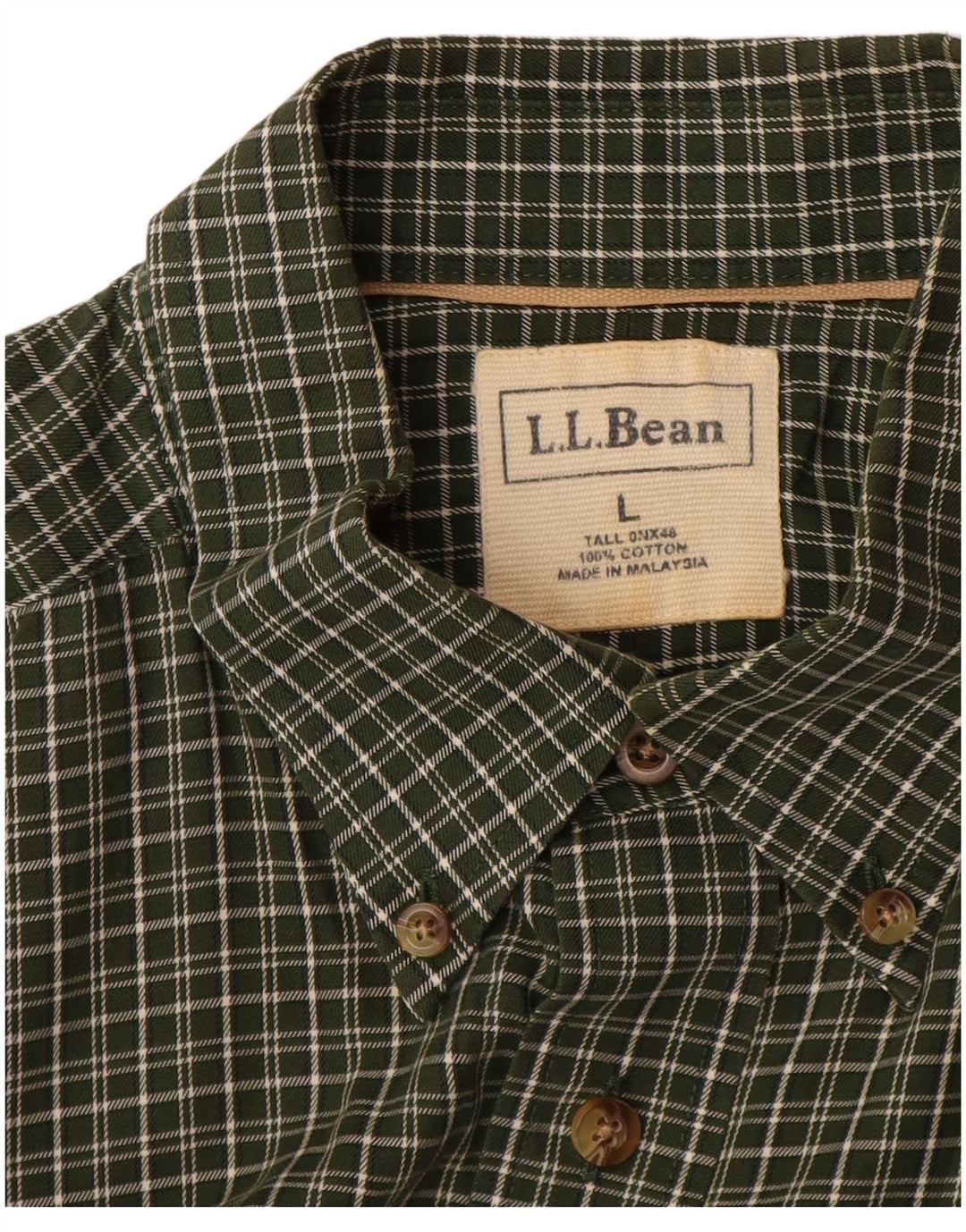 Camisa masculina alta de manga curta L.L.BEAN grande algodão xadrez cáqui