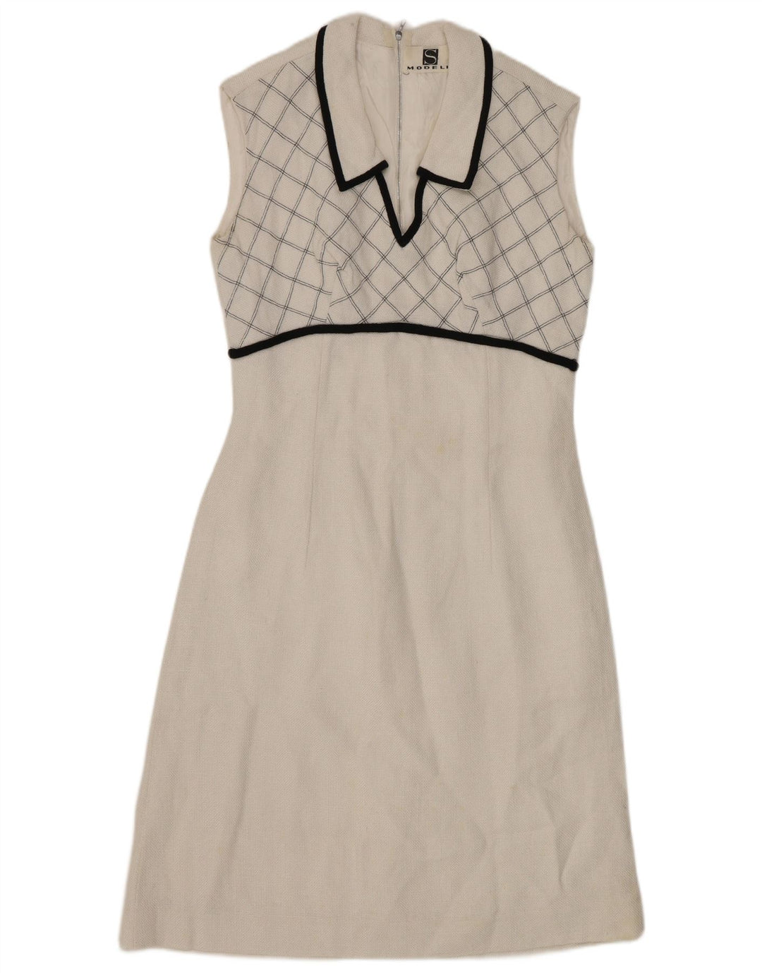 Vestido feminino VINTAGE sem mangas evasê UK 8 pequeno xadrez branco