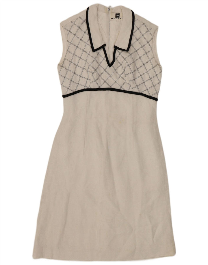 Vestido feminino VINTAGE sem mangas evasê UK 8 pequeno xadrez branco