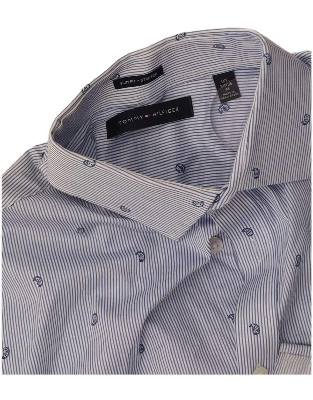 Camisa elástica masculina TOMMY HILFIGER tamanho 15 1/2 risca de giz azul médio