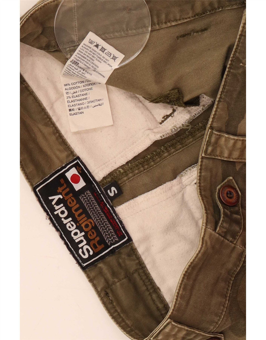 Shorts cargo feminino Superdry pequeno W30 algodão camuflado verde