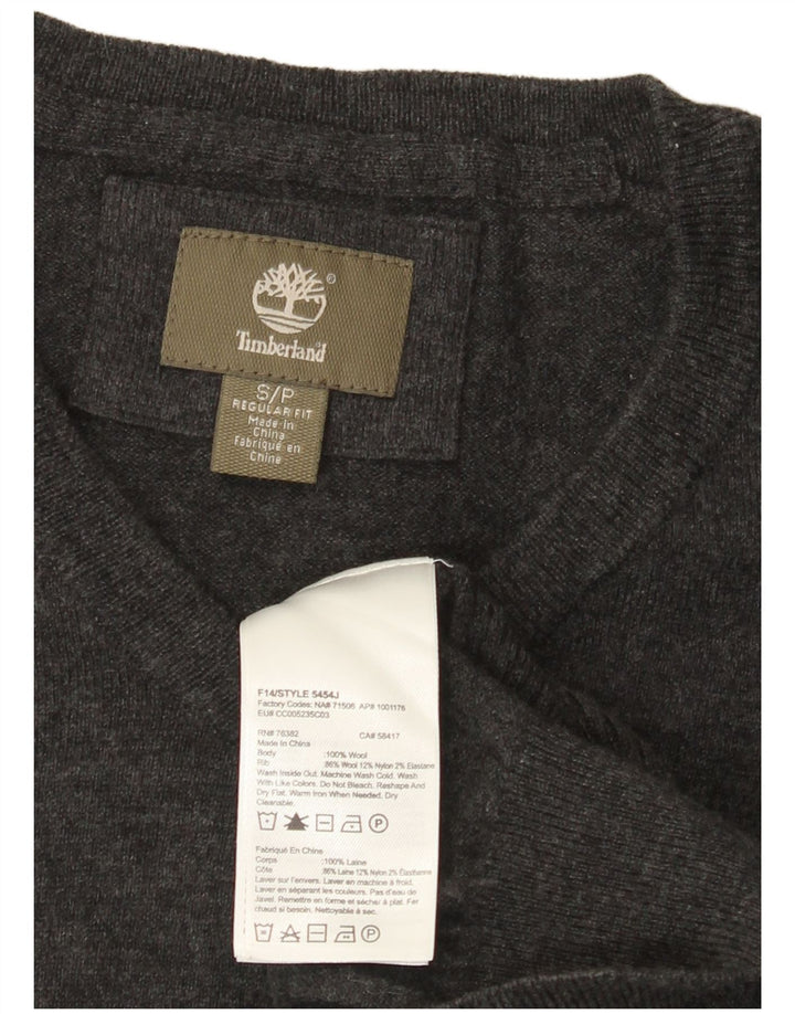 Suéter masculino Timberland regular fit com decote em V, pequeno, cinza manchado de lã