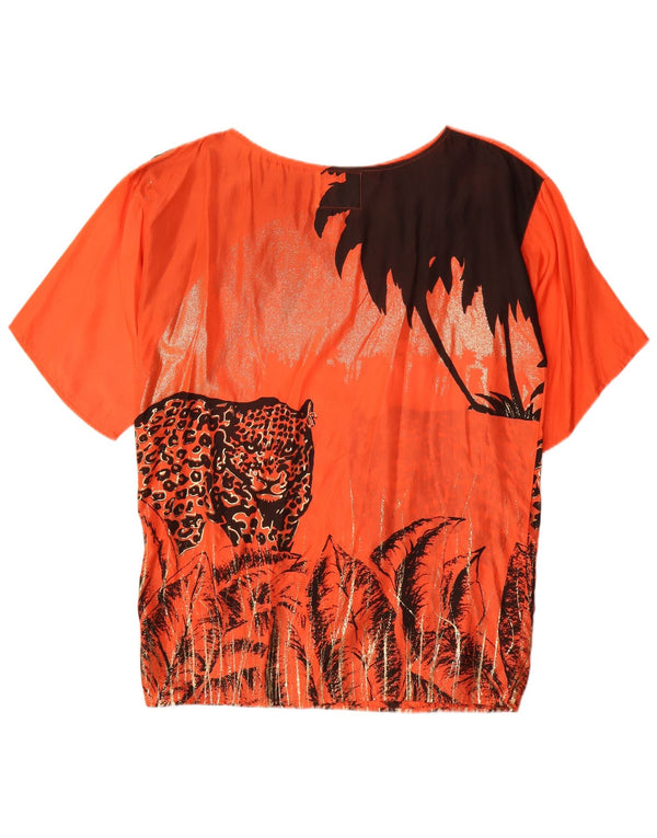 Blusa feminina vintage grande com estampa gráfica UK 10 pequena seda laranja