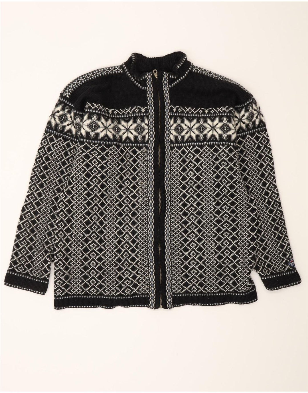 Suéter cardigã masculino VINTAGE grande preto Fair Isle