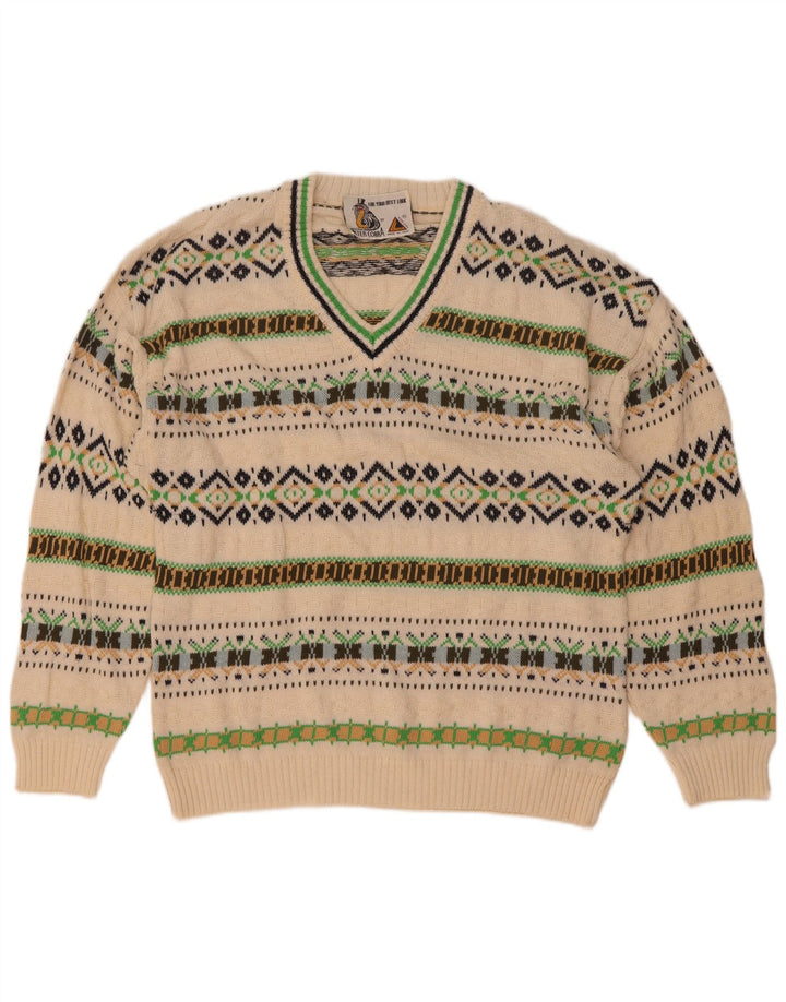 Suéter masculino vintage com decote em V, algodão geométrico branco médio