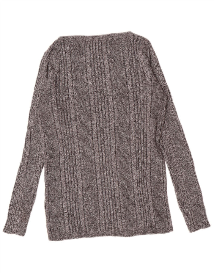 Top feminino Marks & Spencer manga comprida UK 14 viscose listrada cinza médio