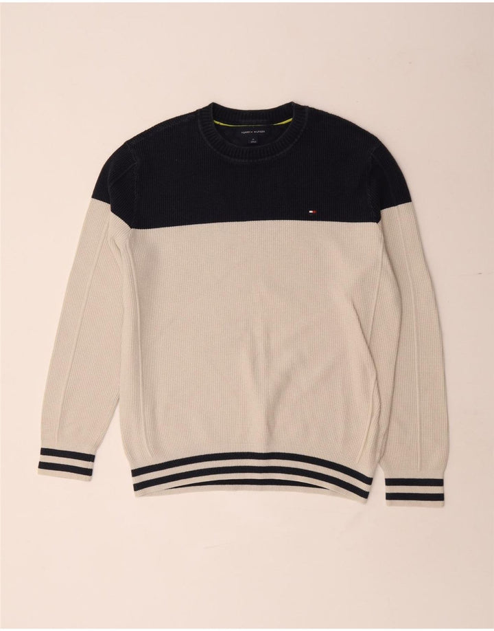 Suéter masculino Tommy Hilfiger com gola redonda e bloco colorido médio off white